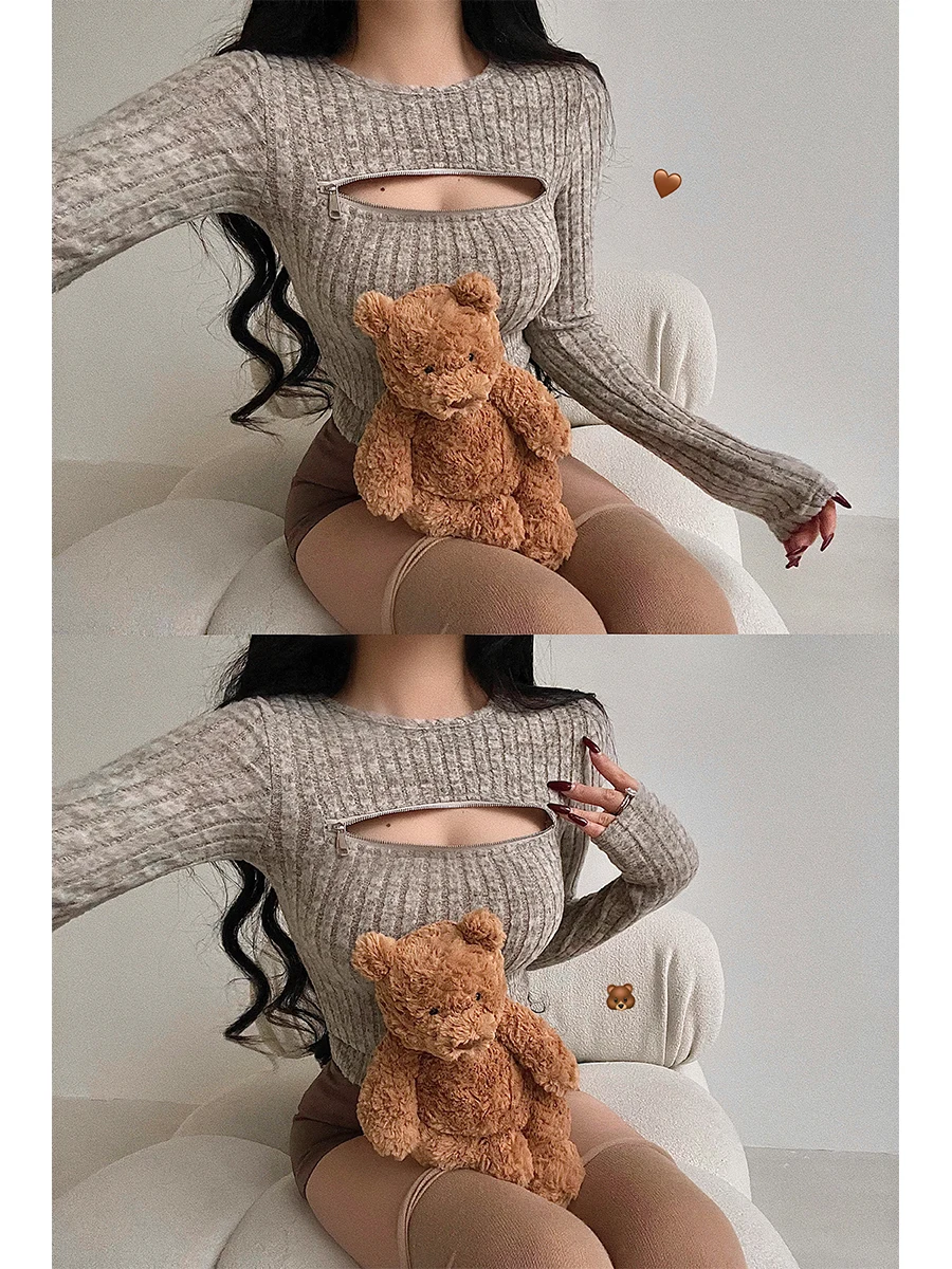 

Young Girl Day Sexy Hollow out Zipper Tight Slimming Long Sve Knitted Top Women's Base Layer irt Winter Collection