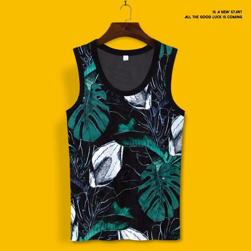 Tank Top Sleeveless T-shirt Men's Flower Vest Social Second Vest Trendy Brand Ice Silk Seaside Vacation Kan Sleeve Clothes Large