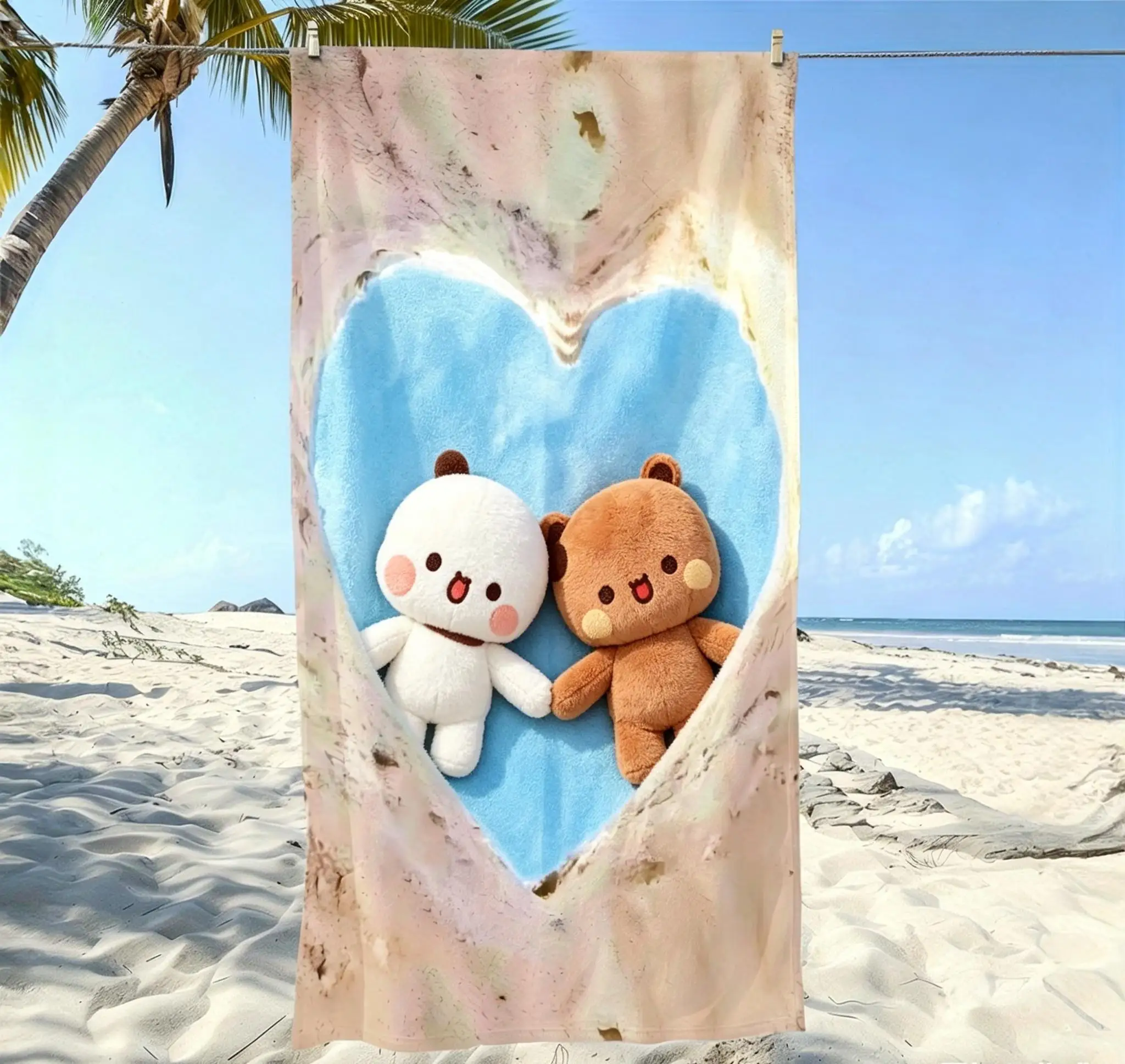 Cute Bubu Dudu Panda Bear Large Beach Towel Summer Towel Kawaii Heart Sand Hole Pool Towel Oversized Microfiber Bath Towel Mat
