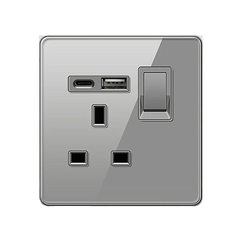 86/146 13A British socket with USB fast charging type-c universal multifunctional 16A square foot three-hole gray glass panel