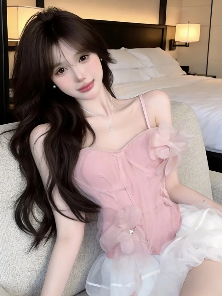 

Sweet Style Korean Version Mesh Tube Top Tank Women Summer Slim Fit Sleeveless Inner Wear Breathable City Walk Floral Print