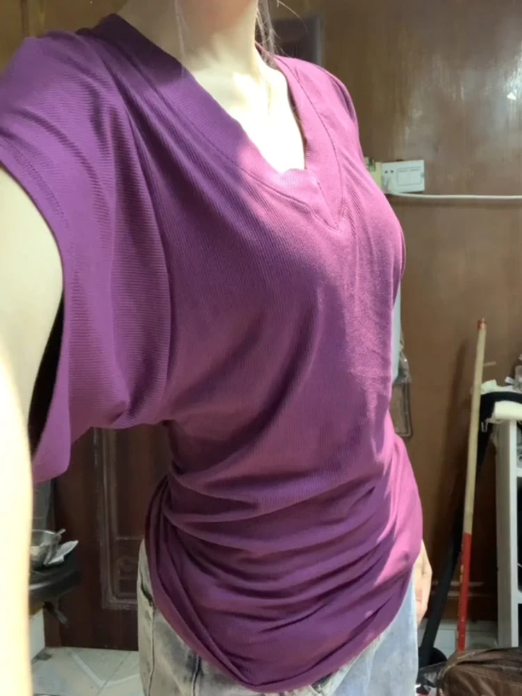 قميص نسائي صيفي بأكمام خفاشية وياقة على شكل V، تصميم يبرز الخصر، قميص قصير الأكمام فريد وجميل من مزيج القطن