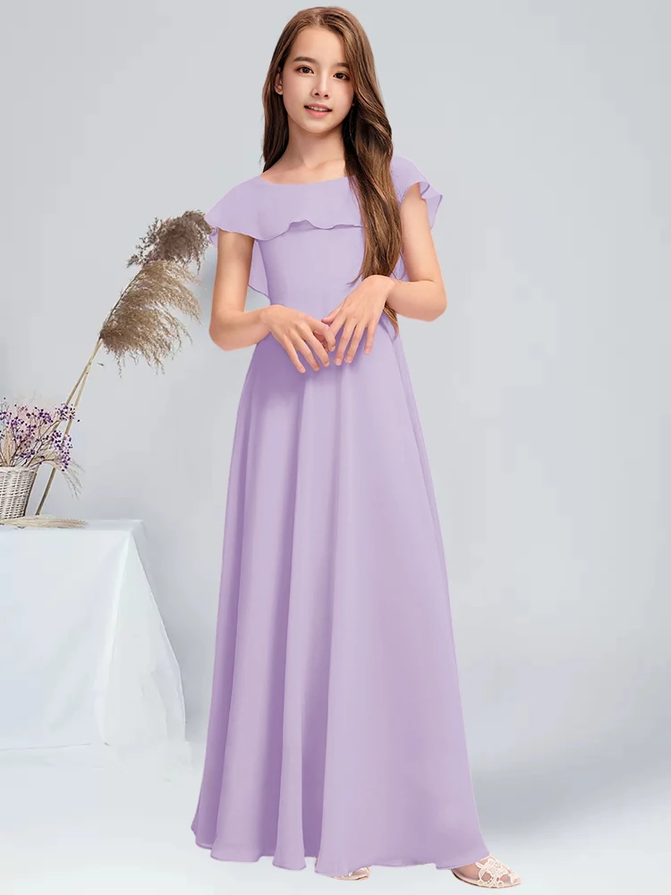 Sukienka dla młodszej druhny w kształcie litery A, z dekoltem okrągłym, do ziemi, z szyfonu, z kaskadowymi falbanami, w kolorze różu, sukienka dla dziewczynki sypiącej kwiatki, sukienka na komunię weselną.