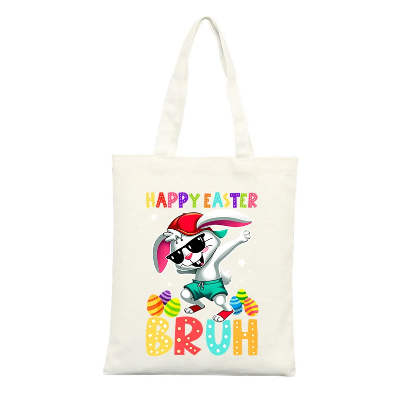 Canvas Tote Bag with Rabbit and Easter Eggs Graphic, Casual Style for Spring Outings and Shopping