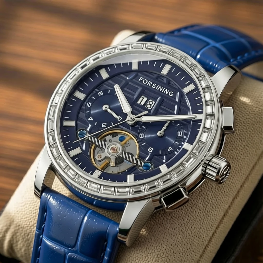 

Мужские часы FORSINING, автоматические механические, элегантный дизайн, хрустальный безель, турбийон, скелетонизированный циферблат, отображение даты, дня недели и месяца, кожаный ремешок.