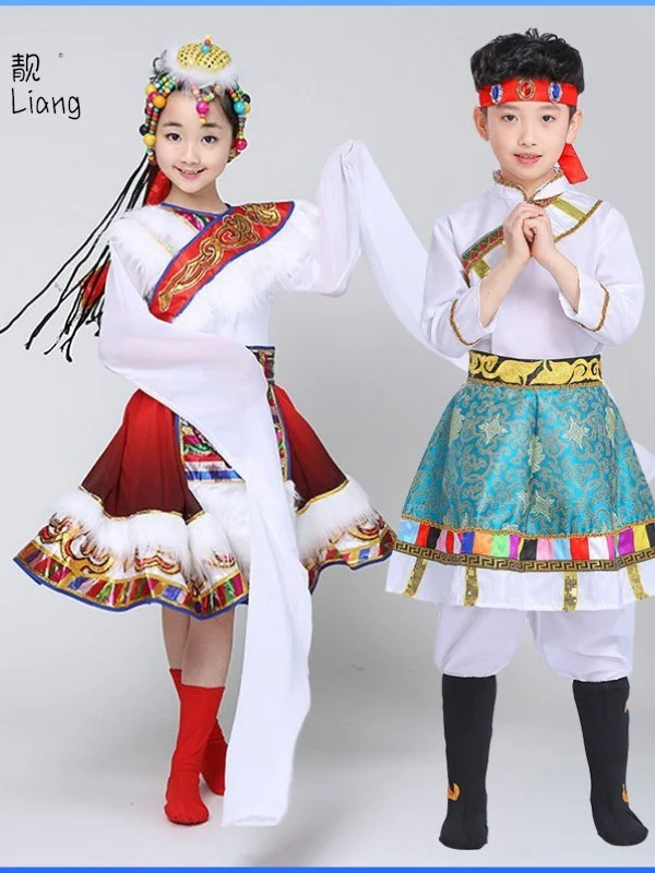 Dança Tibetana, Mangas de água, Roupa para crianças, Pastagem, Lhasa, Vestido de minoria étnica, Novo