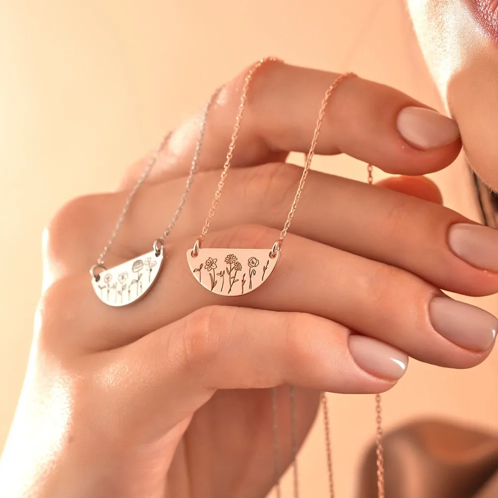 Custom Birth Month Flower Necklace Personalized Family Jewelry Stainless Steel Engrave Birthflower Necklaces Mom Sister Gift