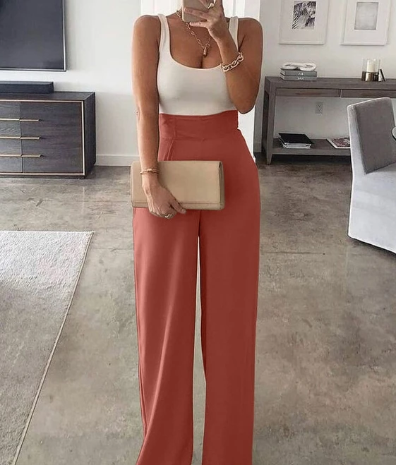 Jumpsuit Women 2024 Summer Fashion Color Blocked Printed U-Neck Sleeveless High Waisted Casual Daily Wide Leg Jumpsuit