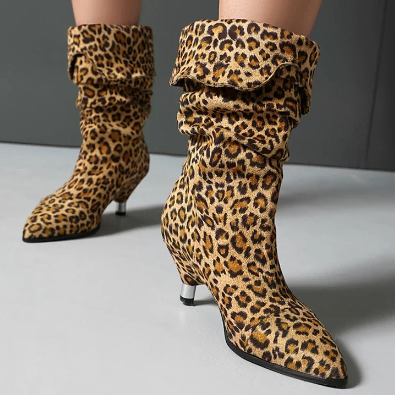 

Large Size 46 Women's ankle Boots Leopard Winter Autumn Shoes Pleated Black Short Boot Low Heels Footwear Party Shoes Lady