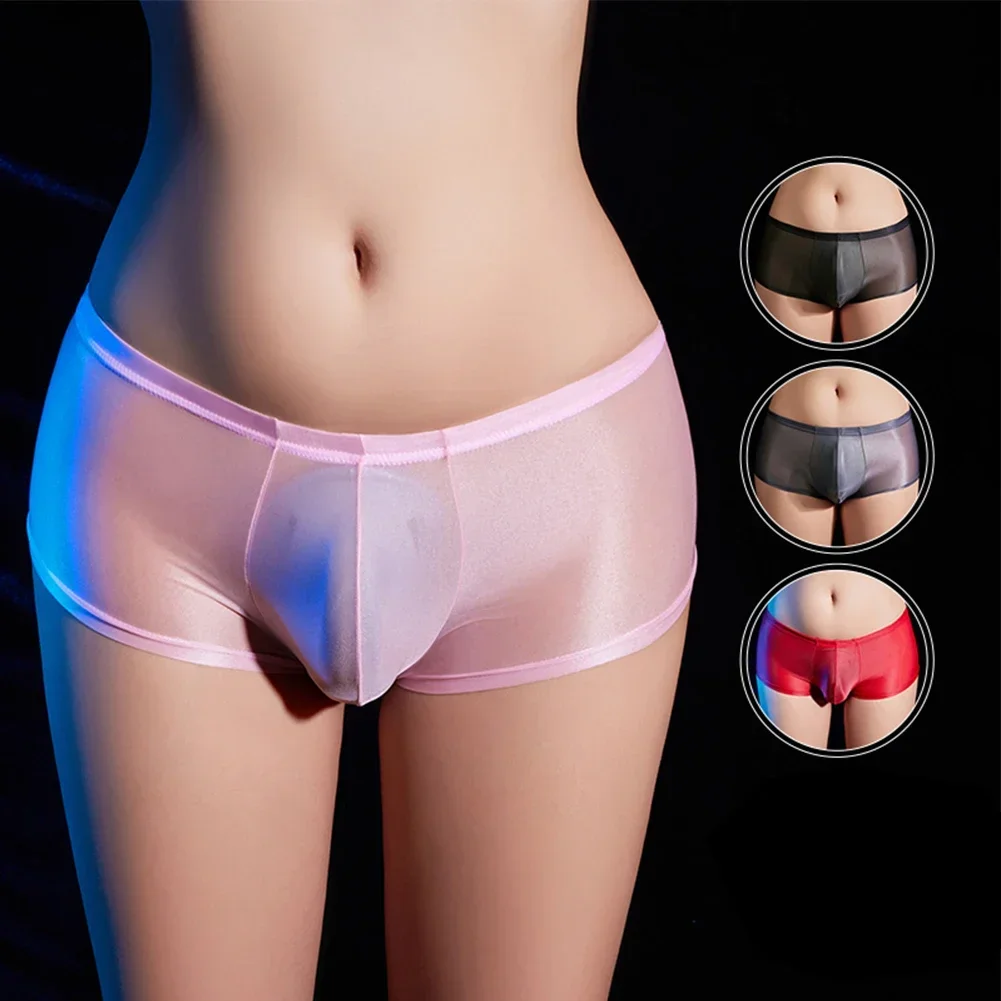 Ropa interior sedosa brillante Sissy Man calzoncillos Boxer lisos calzoncillos con bolsa para bulto calzoncillos brillantes al óleo bragas eróticas bragas transparentes