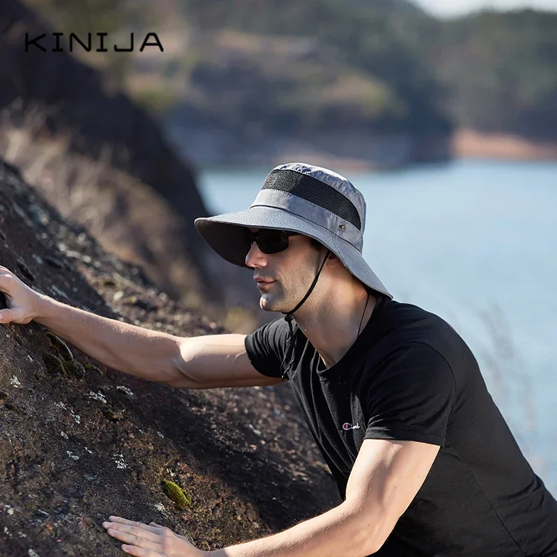 New summer men Quick drying Button sunshade fisherman hat outdoor climbing tourism fishing big brim sun protection bucket cap