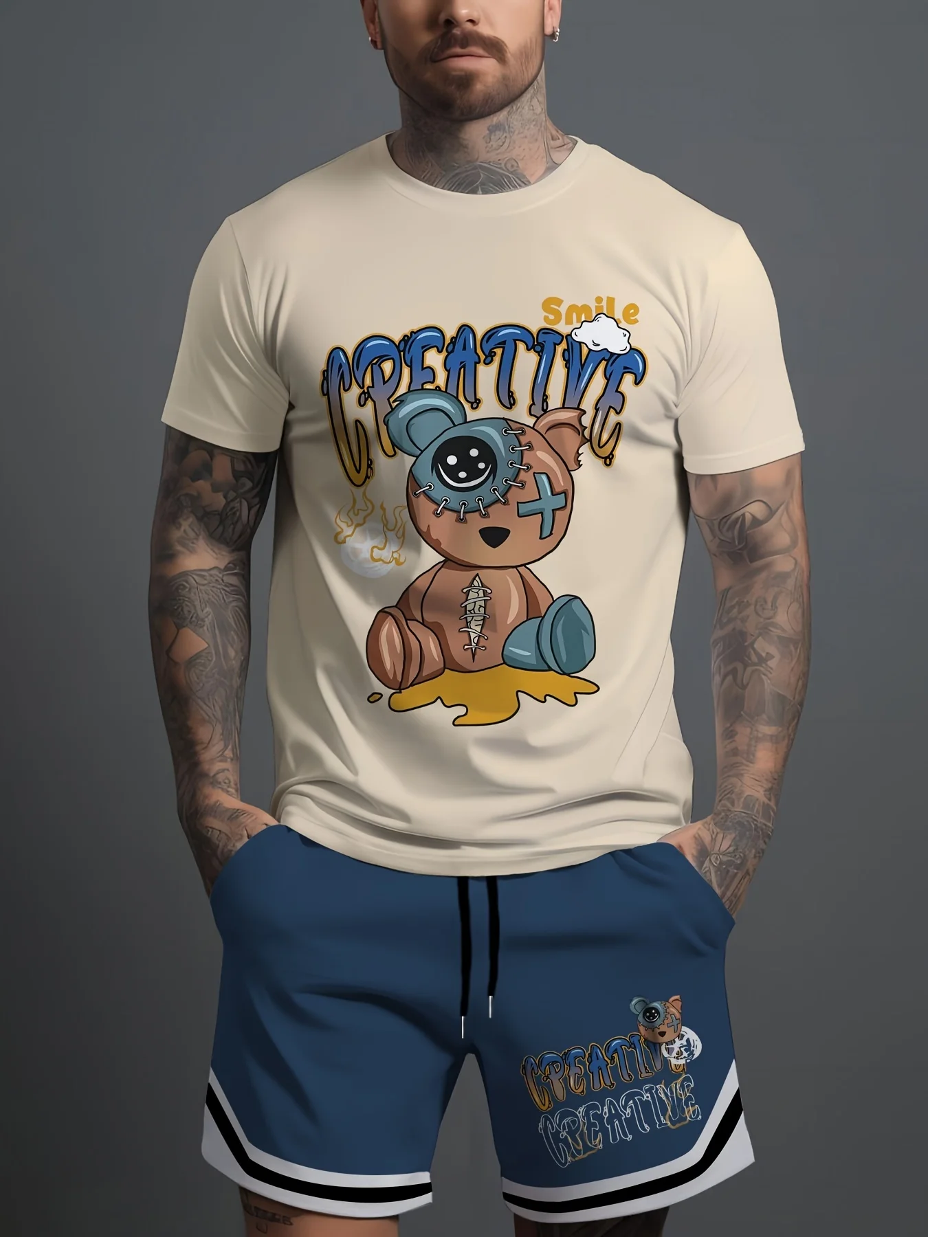 

Летний мужской костюм 2026 года – уличный повседневный стиль, комфортный, мягкий, дышащий, легкий, с 3D-принтом в виде медведя