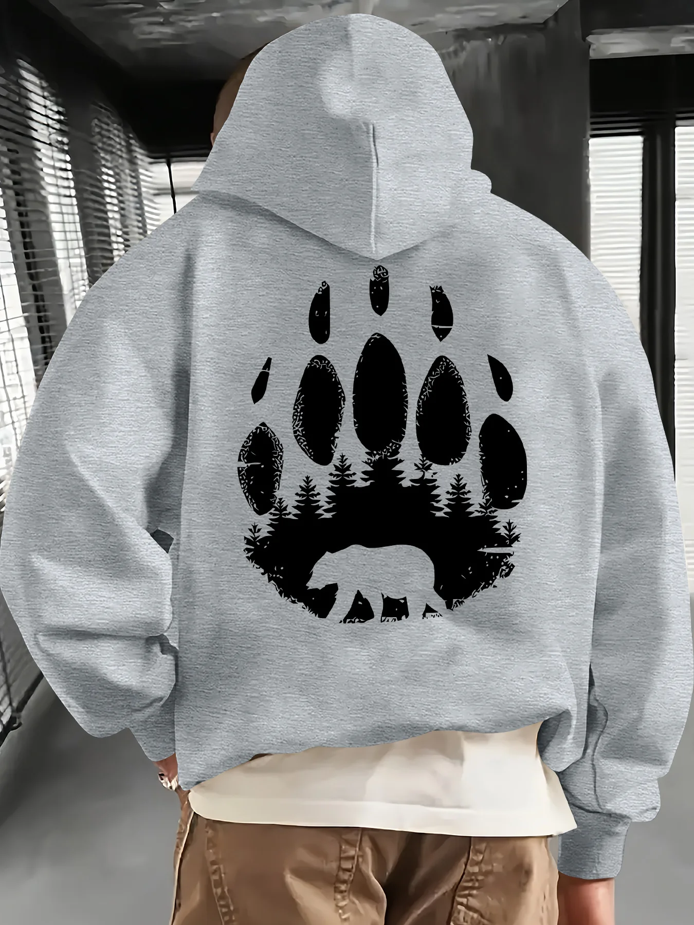Bear Paw Forest Printed Fleece Hoodies Mens Warm Winter Athletic Sportswear Sweatshirt Casual Loose Workout Pullover Top