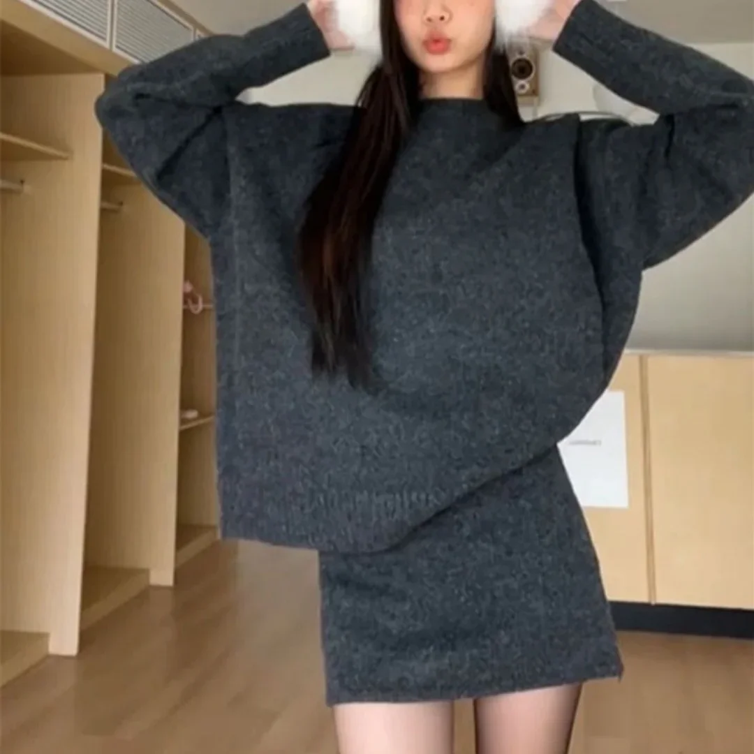 Knitted Pullover Sweater Tops+mini Skirt Suit Chic Loose Oversize Sweater High Waist Mini Skirt Two Piece Sets Womens Outifits