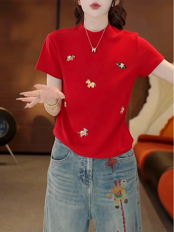 

Модная женская футболка с вышивкой, круглым вырезом и коротким рукавом, универсальный топ, стройнящий фигуру, в корейском стиле, из полиэстера.