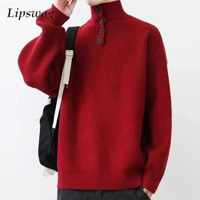 

Fashionable Long Sleeve Button-up Sweaters Men New Casual Turtleneck Knitting Pullover Tops Men's Autumn Daily Leisure Sweater
