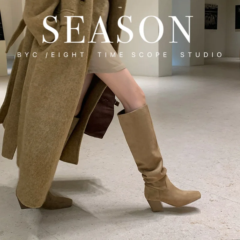 2026 new autumn winter women knee-high boots natural leather 22-24.5cm suede square toe thick high heel Pile up boots