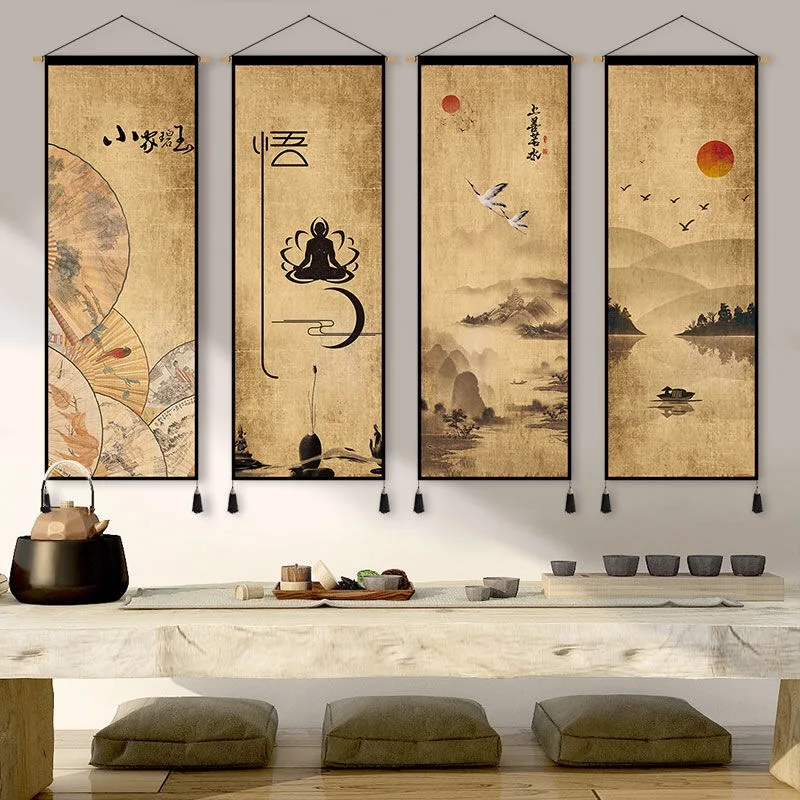 Vintage Chinese Zen Hanging Scroll Painting Oriental Wall Art Canvas Poster Asian Decor Living Room Bedroom Wall Tapestry Decor