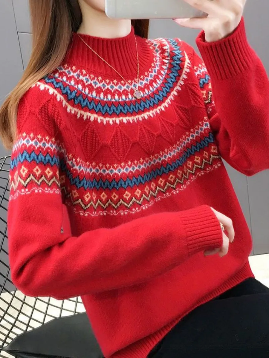 

Retro Knitted Sweater Women's Winter New Style Half High Collar National Print Inner Wear Loose Fit Fake Two-Piece Style