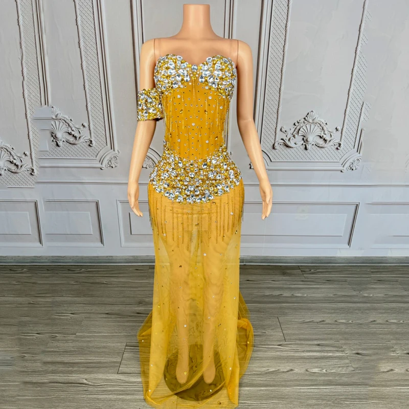 

Full Rhinestones Evening Dress Yellow Perspective Prom Dresses Women Singer Party Jazz Dance Costume Stage Festival Outfit 9636