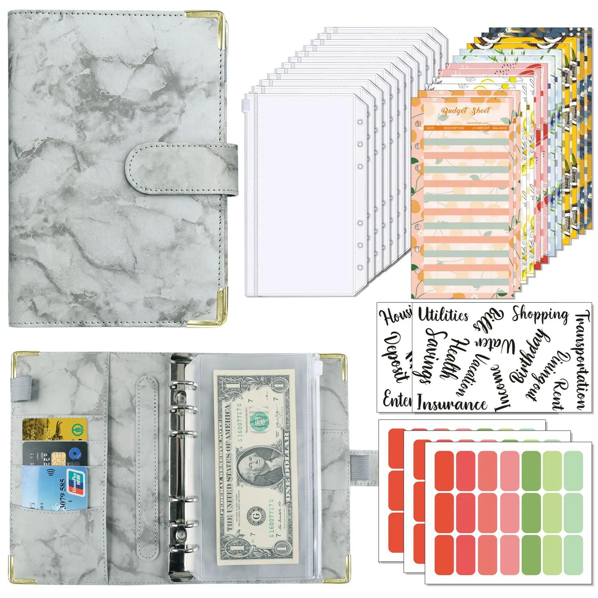 A6 Loose-Leaf Budget Notebook Marble Pattern Notebook Leather PU Planner Loose-Leaf Binder Office Stationery