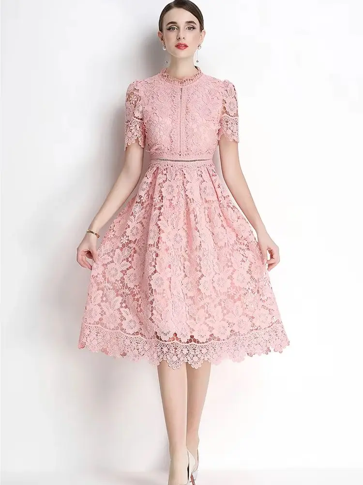 

Elegant Floral Lace Dress O-Neck Short Sleeve Slim Waist Long Evening Party Dress for Women Summer Clothes with Hollow Detail