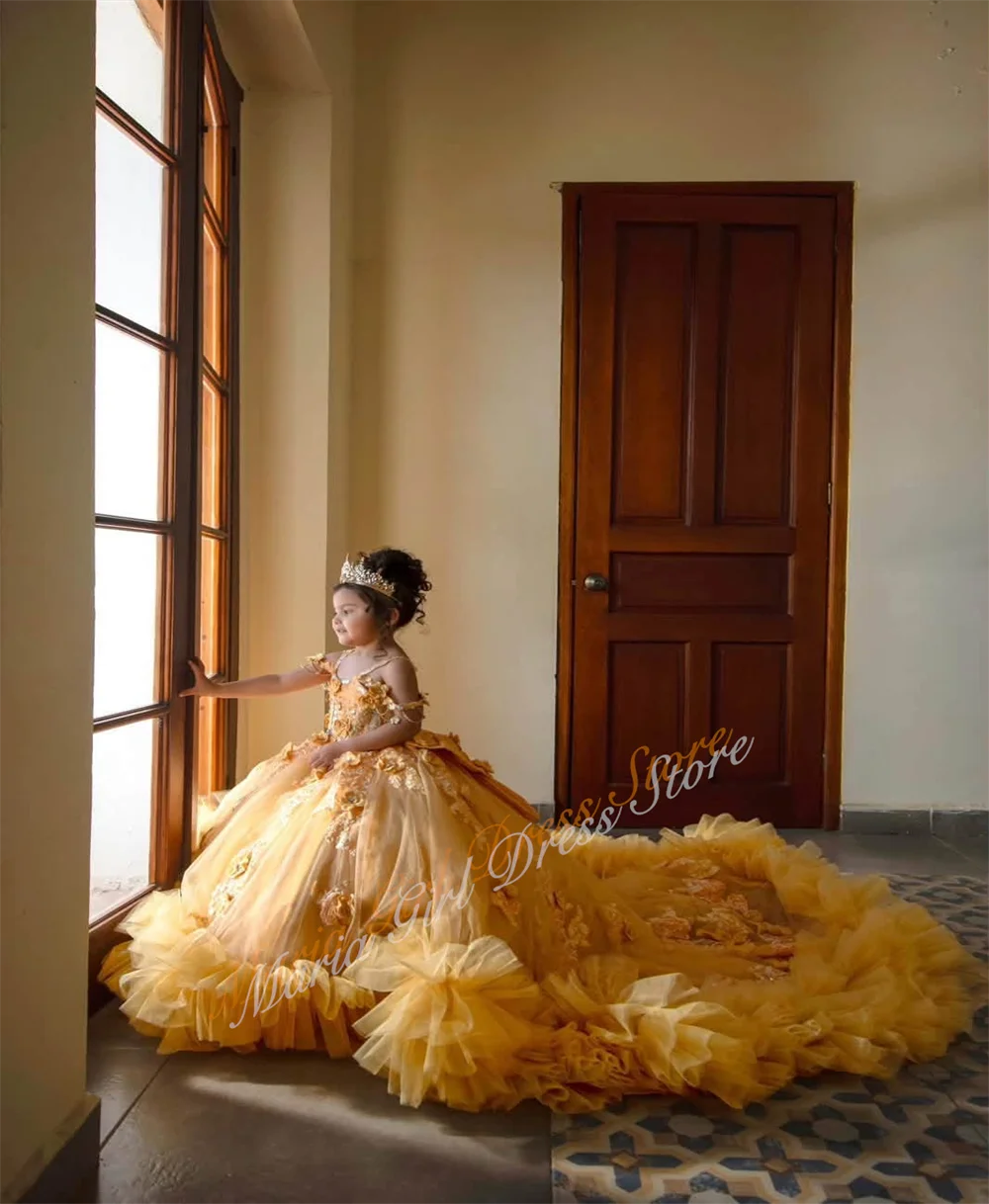 New Fluffy Off Shoulder Flower Girl Dress Pearl Floral Applique with Bow Girls Wedding Dresses Birthday Party Wearing