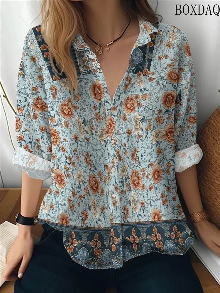 Elegant Long Sleeve Loose Lapel Blouse Women Autumn Winter Pink Floral Print Button Down Shirts Ladies Casual Office Daily Tops