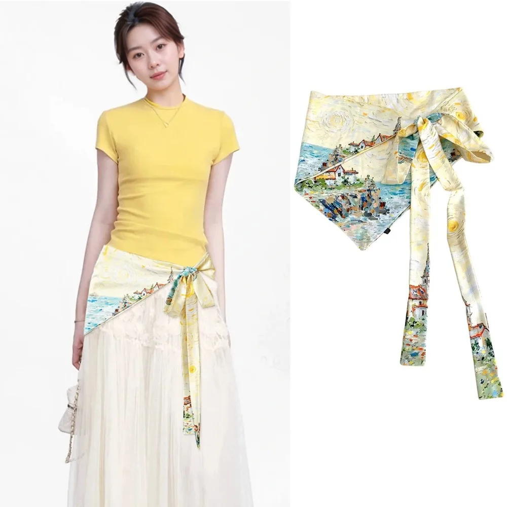 Landscape Print Irregular Scarf Belt Self Tie Bow Satin Decorative Scarf Unisex Multifunctional Printed Scarf Belt