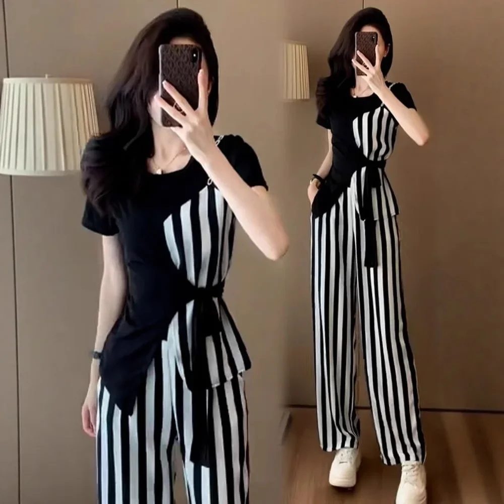 

NICE Anti-Aging Fashionable 2025 Women's Summer Casual Slimming Sporty Striped Wide Leg Pants Two-Piece Set Trendy Polyester Fib