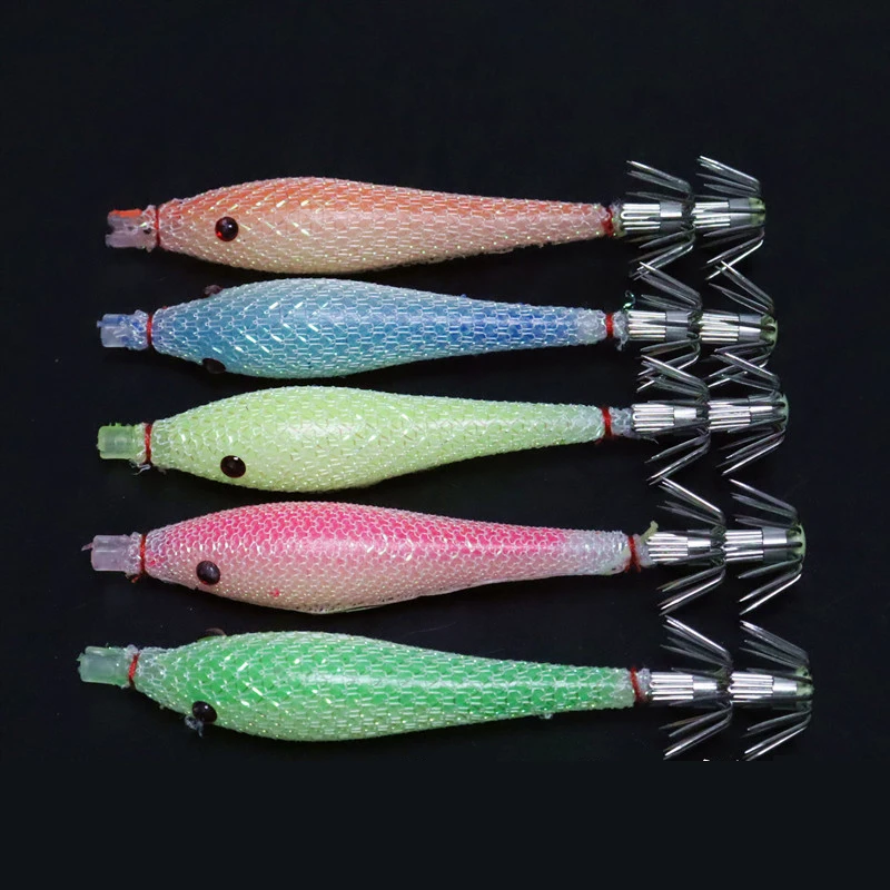 5PCS/bag 6cm7cm9cm Artificial Fluorescent Fishing Lures Squid Hook Cuttlefish Jigs Bait Spinnerbait Wood Shrimps Sea Fishing