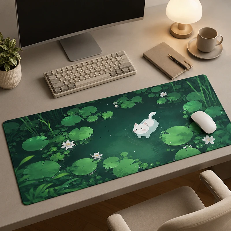 Mouse Pad Lotus Pond White Cat Gaming XL Computer HD Custom Mousepad XXL Mechanical Keyboard Pad Natural Rubber Soft Mouse Mats