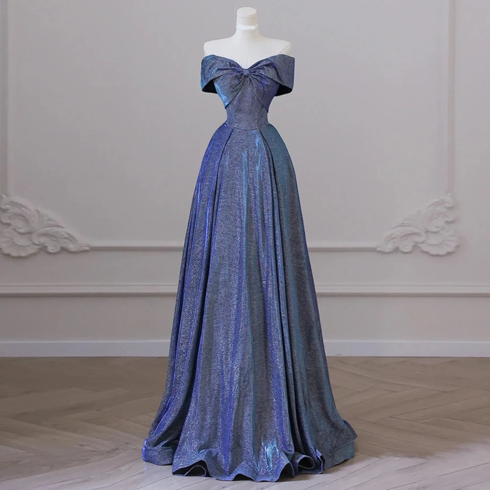 

Exquisite Evening Dresses Strapless Sleeveless Floor Length A-line Bow Shiny Princess Formal Occasions Women Banquet Prom Gowns