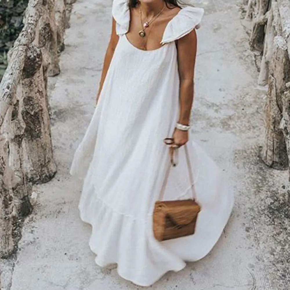 Women Oversized Sleeveless Ruffles Maxi Dress Summer Casual Sexy Loose Long Dress Fashion Harajuku Beach Summer Sundress