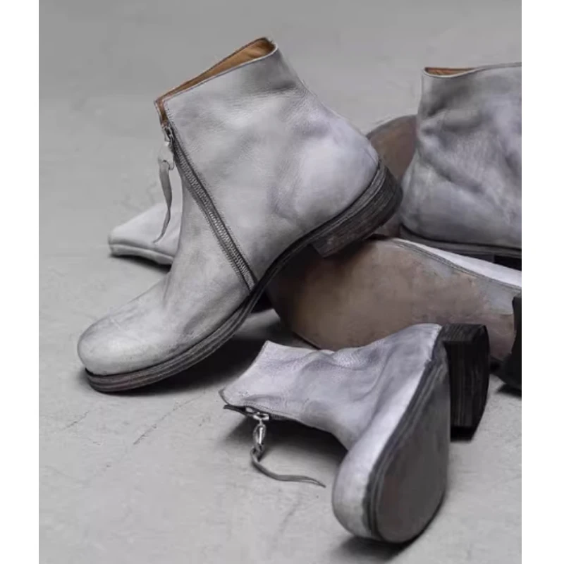 

Men's Distressed White Zipper Chunky Heels Ankle Boots 2026 Vintage Washed Upturned Toe Front Zip Boots Fashion Men Shoes