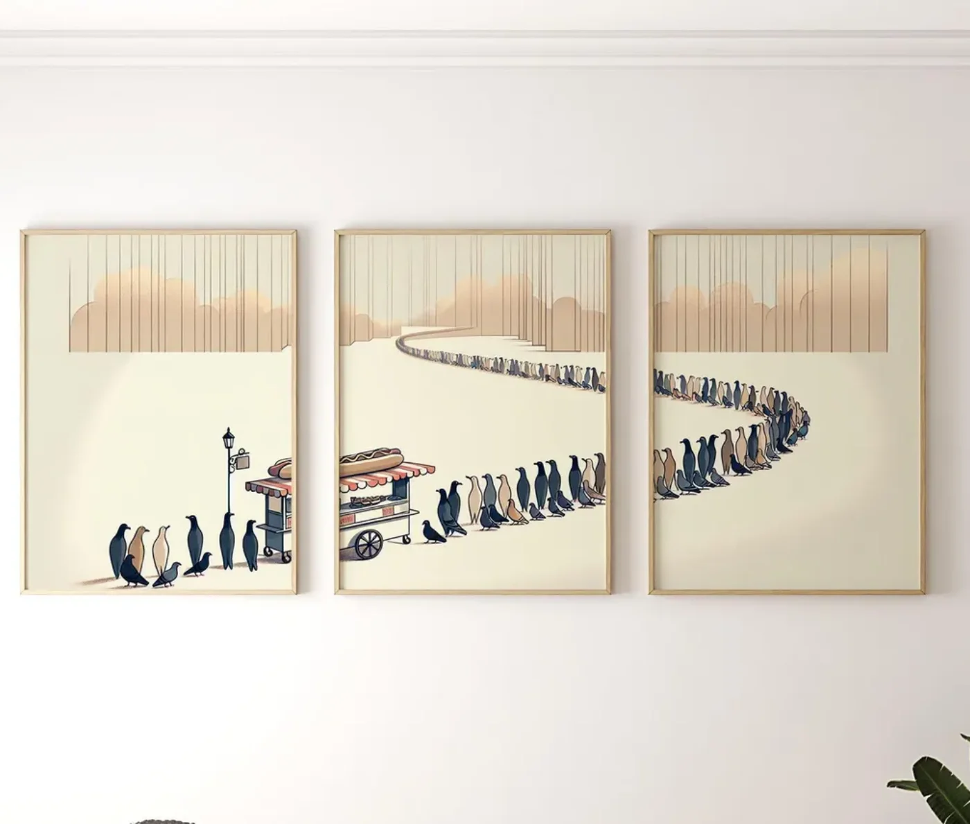 Abstract Hot Dog Cart Triptych | Minimalist Urban Scene | Pigeon Line Digital Art Set of 3 | Three Panel Funny Digital Prints