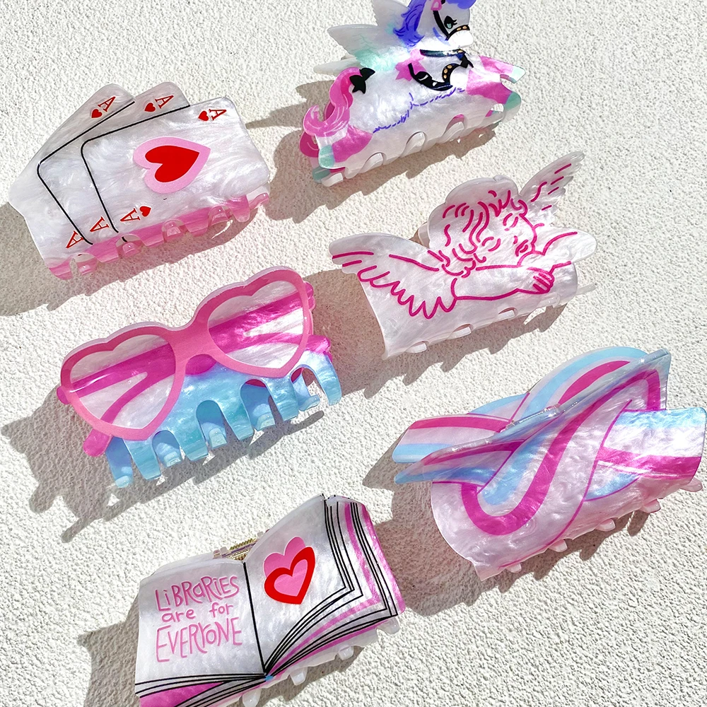 Valentine\'s Day Gift Pink Heart Printed Cartoon Hair Claw Clip For Women Girls Unique Acrylic Cute Headwear Hair Accessories