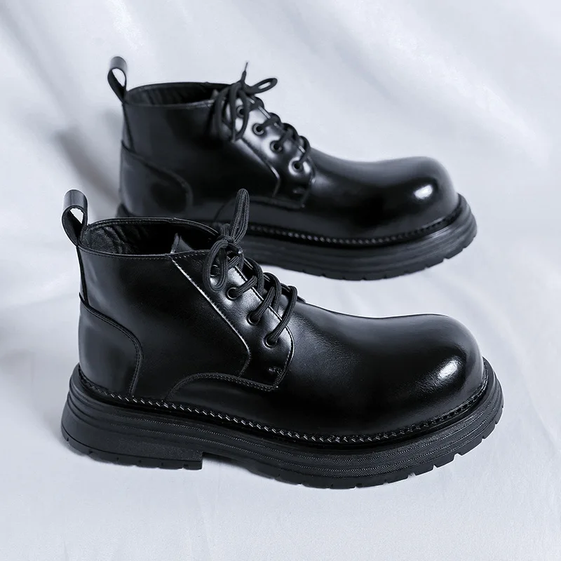 men casual autumn winter boots lace-up original leather shoes business office dress cowboy platform boot black ankle botas male