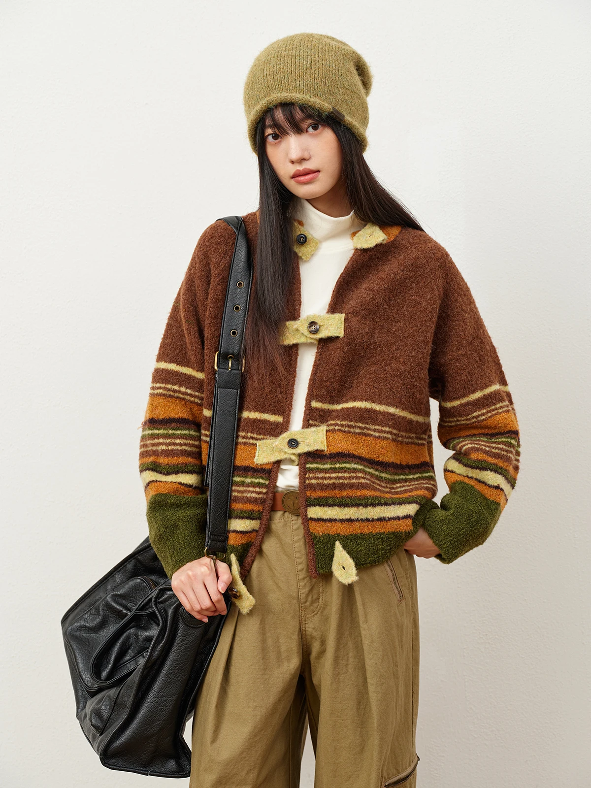 

Octopusme Women's Striped Lazy High-End Knitwear Cardigan Loose Vintage Spring Open-irt Sle Polyester Fiber Long Sve