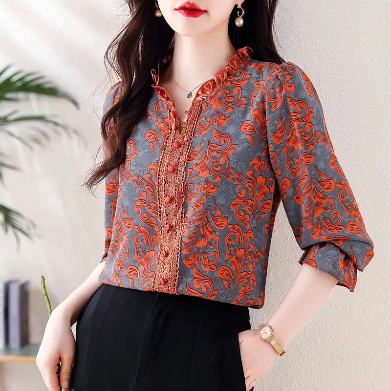 2024 New Summer Oversized High Waist Bohemian Casual Women\'s Shirt Korean Style Button Lotus Leaf Collar Long Sleeve Chic Tops