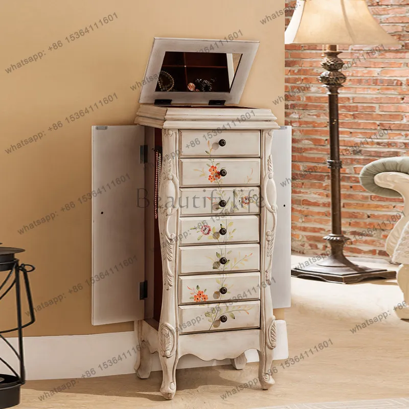 American country solid wood chest of drawers, European style vintage jewelry storage cabinet, bedroom vintage clamshell dresser