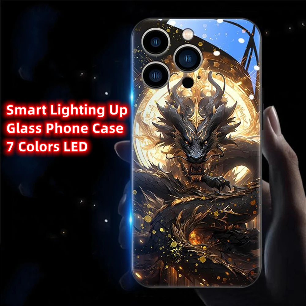 Cool Dragon Fury Sound Control LED Flash Custodie Cover in vetro luminoso per Samsung S25 S24 S23 S22 S21 S20 FE Plus Ultra
