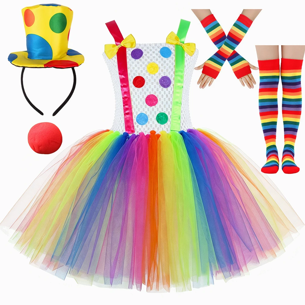 Rainbow Circus Clown Costume for Girls Halloween Carnival Party Joker Dress Up Clothes Toddler Kids Funny Clown Fancy Tutu Dress