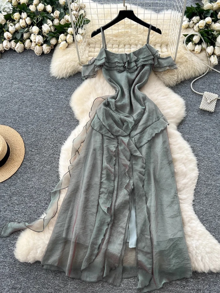 

French Vintage Dresses Ruffles Patchwork Irregular Off Shoulder Solid Color Tank Dress Summer Sexy Design 2025 Women's Clothing