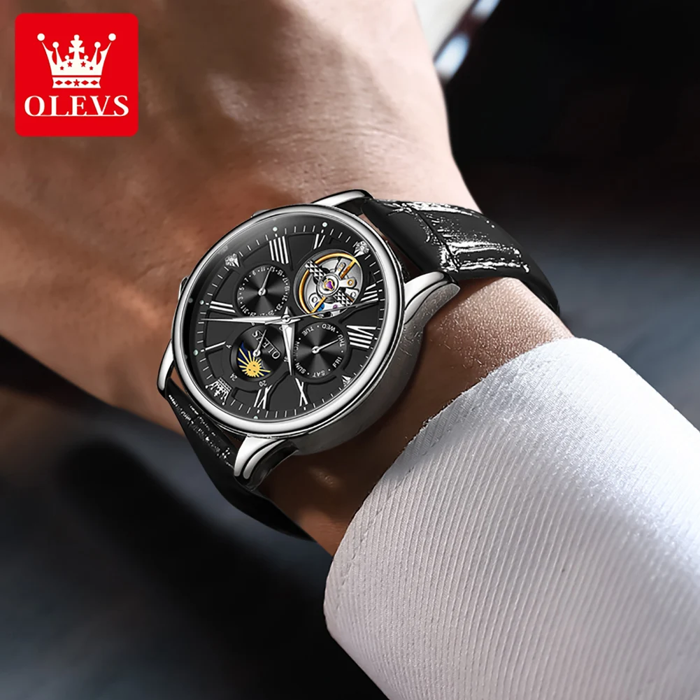 ساعة OLEVS للرجال ماركة أصلية بحزام جلدي للرجال ساعة ميكانيكية أوتوماتيكية مقاومة للماء مضيئة #3