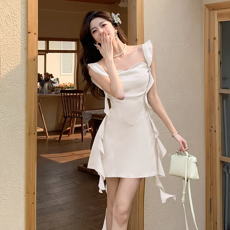 Robe à bretelles en Satin vert pour filles, douce et chaude, pour vacances d'été, bord à volants, ruban, ligne a, courte, vêtements féminins à la mode