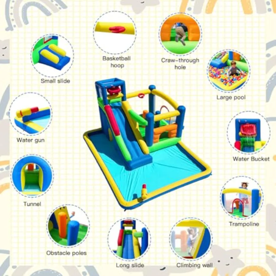 Backyard water park inflatable slide bounce house, PVC material, blue and yellow, 10-in-1 design with splash pool, long slide, view 2