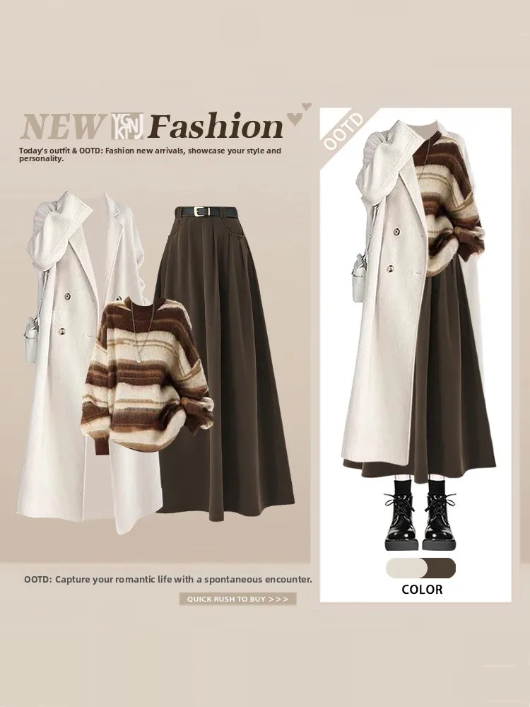 

Winter Commute Sle Lazy Striped Knitwear Long Coat Skirt Set Profional Retro Korean Faion Women's Tee-Piece Suit