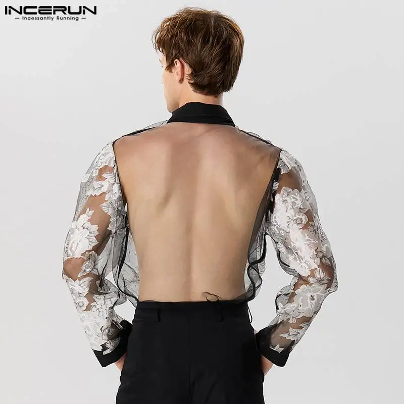 Fashion Sexy New Men Perspective Lace Print Jacquard Tie Shirts Casual Male Hot Sale Long Sleeved Blouse S-5XL INCERUN Tops 2024