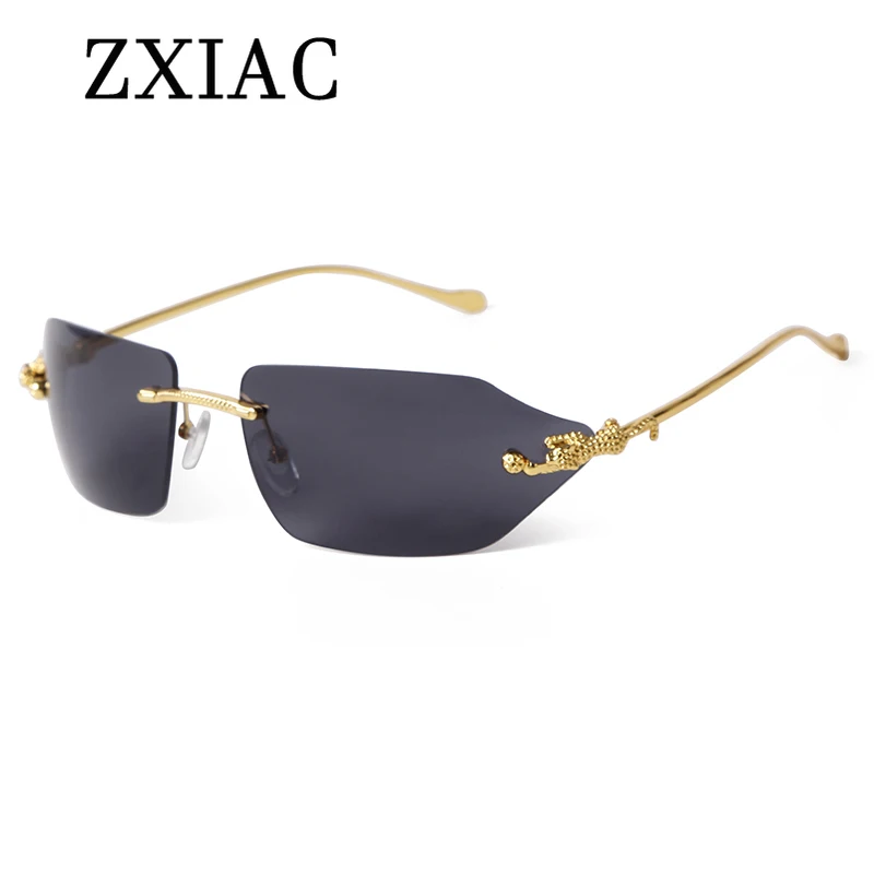 ZXIAC New Fashion Rimless Sunglasses Brand Designer Metal Leopard Decorative Sun Glasses Women Men Large Frame Frameless Shades